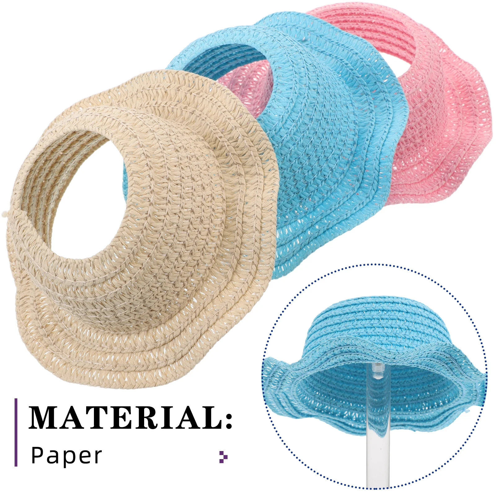 3 قطع قبعات كروشيه مصنوعة يدويًا من القش قبعات صغيرة للحماية من الشمس خفيفة الوزن مناسبة لملحقات فستان 17 سم مفتوحة من الأعلى #3