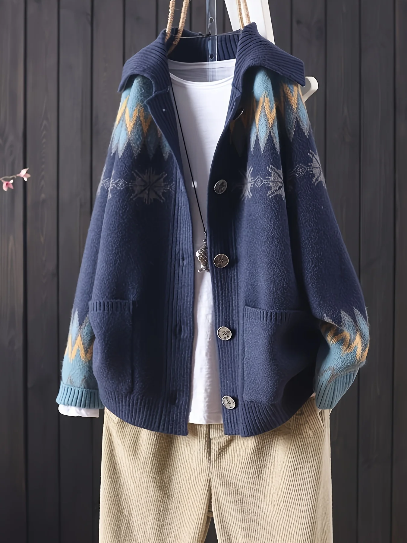 

Женский кардиган большого размера темно-синего цвета, модный повседневный кардиган с отложным воротником и ромбовидным узором в стиле колор-блок