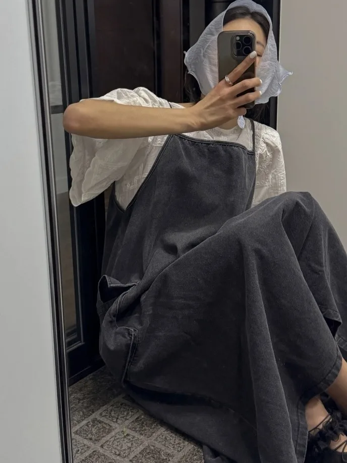 Estate New Sle Denim da donna Off-oulder Dr con Big Kets Gonna lunga a trapezio Retro Stratificazione Pendolarismo Vento Midi Dr