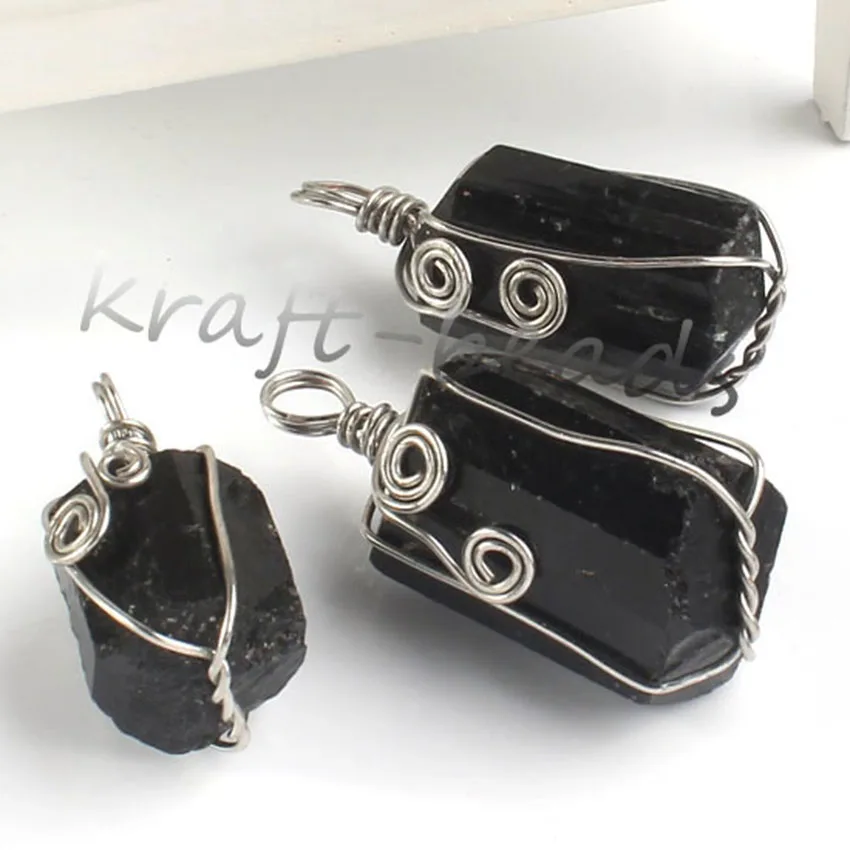 Wire Wrapped Jet Pendants For Women Necklace DIY Natural Irregular Black Tourmaline Energy Stone Pendant Man Jewelry No Chain