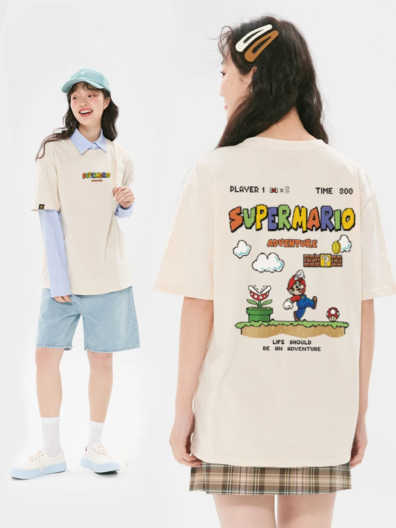 

MINISO M-Mario Super Bros T Shirt Men And Woman's Couple Combination Clothes Short Sleeve Collar Fashion Woman Tee Top tshirt