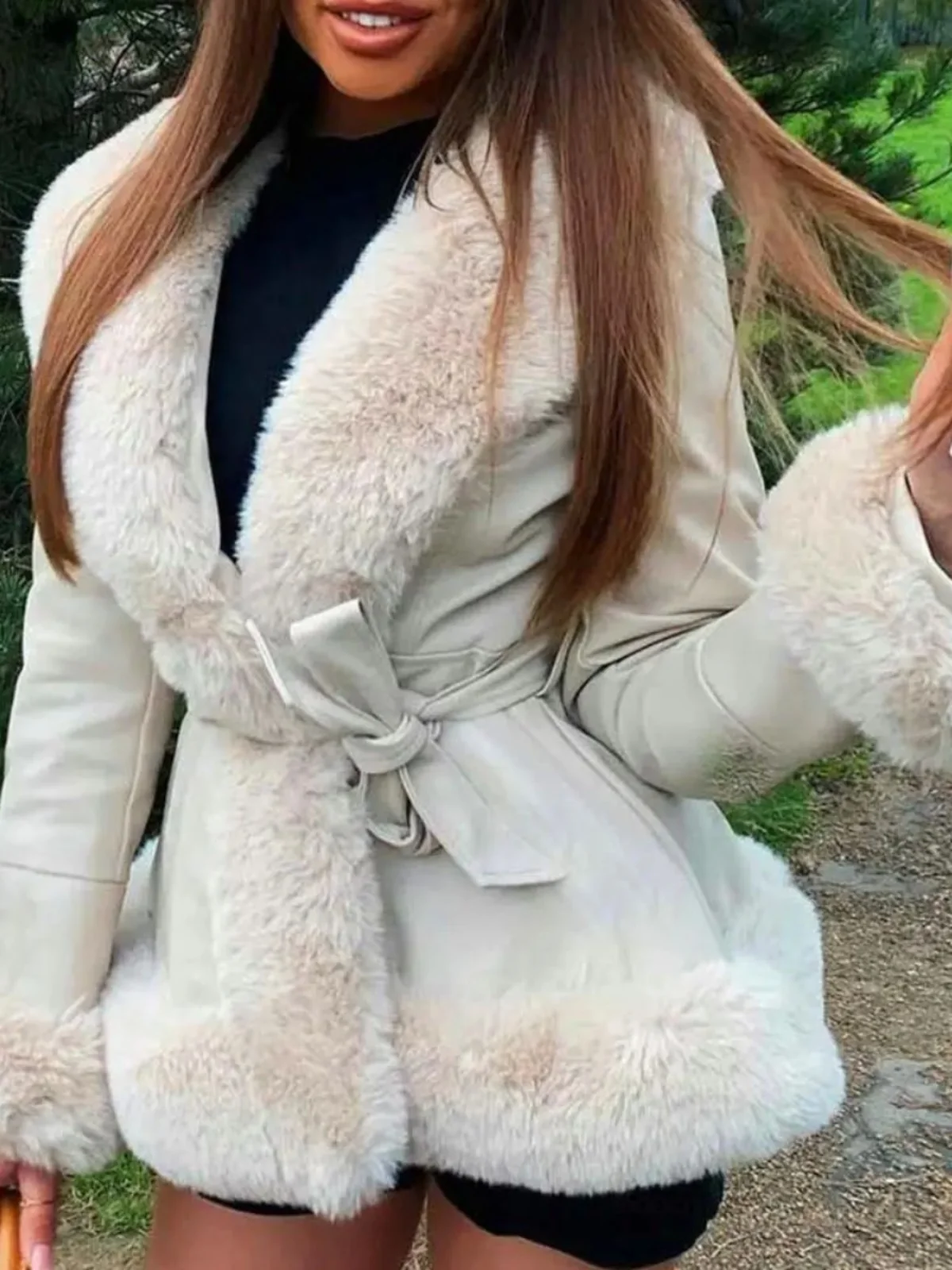 

Куртка для похудения со сращенным большим меховым воротником Street Sle V-Ne Long Sve Thiened Верхняя одежда для женщин