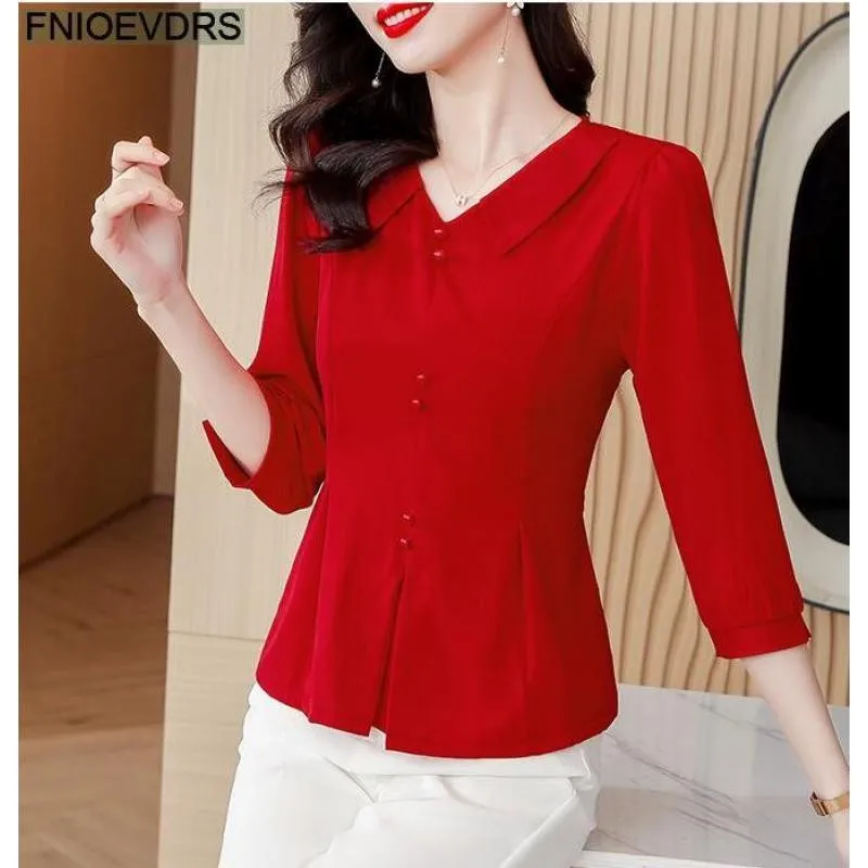 5 Colors Hot Women 2023 Elegant Office Lady Casual Solid Basic Button Shirts Purple Red Peplum Peter Pan Collar Tops Blouses