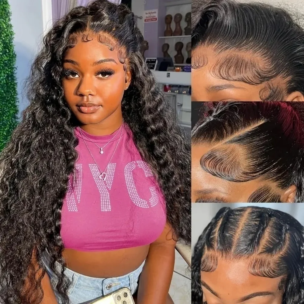 

Water Wave13x4 Transparent 1B Lace Front Wigs Human Hair For Women 220 Density Natural Color Pre Plcked Frontal Wigs Curly Wig