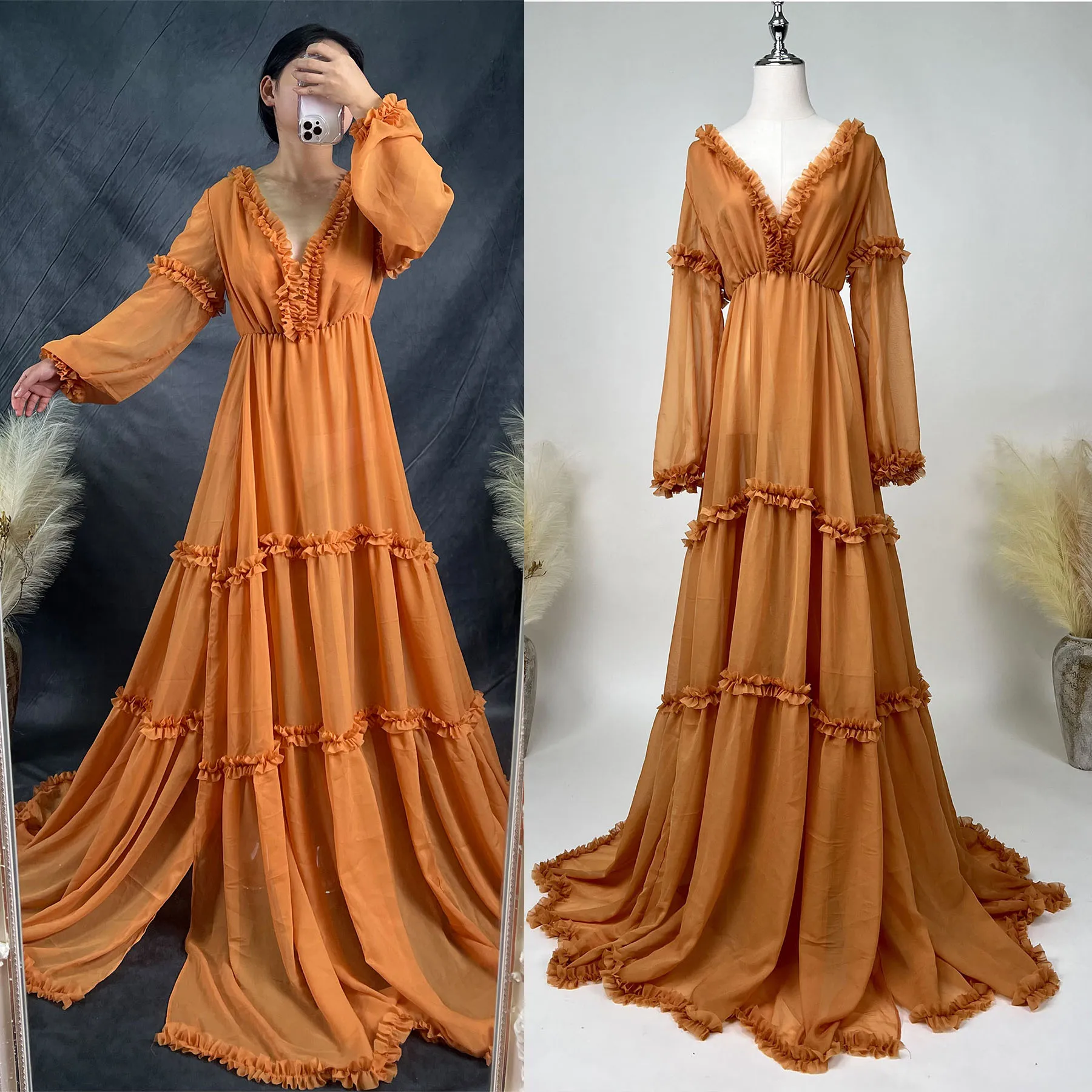 Don&Judy V-neck Layer Ruffled Chiffon Woman Maxi Photography Dress Boho Maternity Photo Shoots Long Gowns Baby Shower Gift 2023