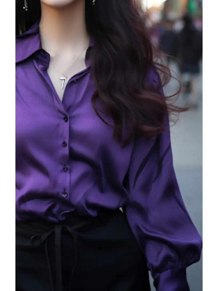 Purple Shirt Women\'s Spring And Autumn 2024 New Fashionable Pendant Lapel Long Sleeved Loose Top