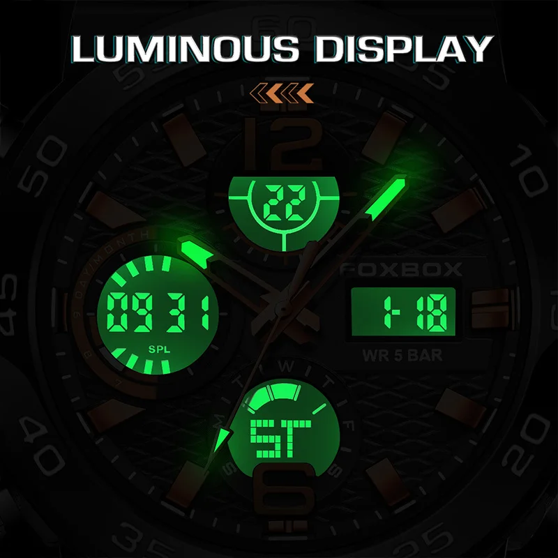 FOXBOX ファッションメンズ腕時計デュアルディスプレイミリタリースポーツマン腕時計デジタル LED 発光カレンダー防水クォーツ時計男性用