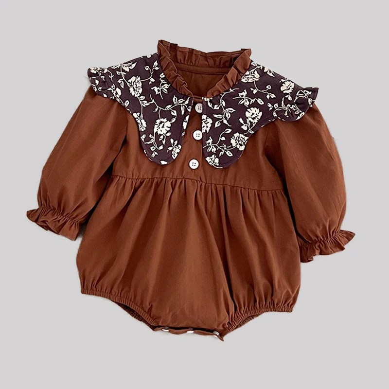 جديد ربيع 2026 بدلة للأطفال حديثي الولادة رومبير 0-2 سنة مطرز بالزهور وطية صدر السترة بلون سادة وأكمام طويلة ملابس أطفال