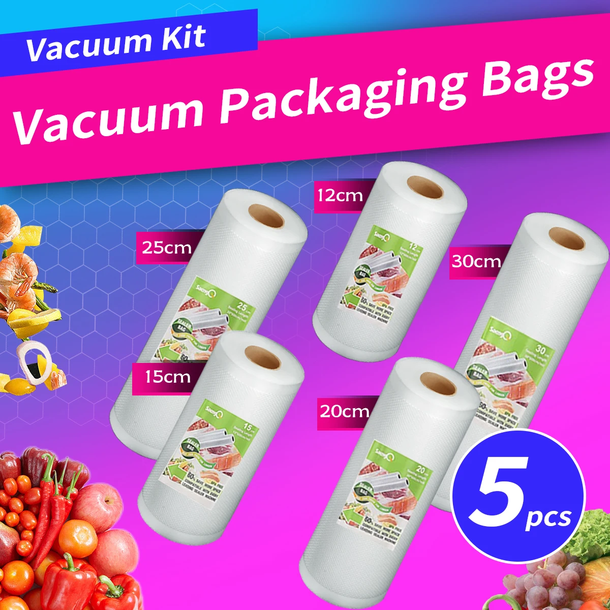 5 rolls of different sizes 12-15-20-25-30cm textured vacuum packaging bags with single-sided mesh food vacuum packaging bags