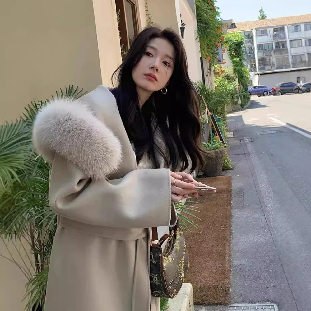 

OFTBUY Модное осенне-зимнее пальто средней длины с воротником из натурального лисьего меха, шерстяное теплое пальто, французское двустороннее кашемировое пальто с капюшоном для женщин