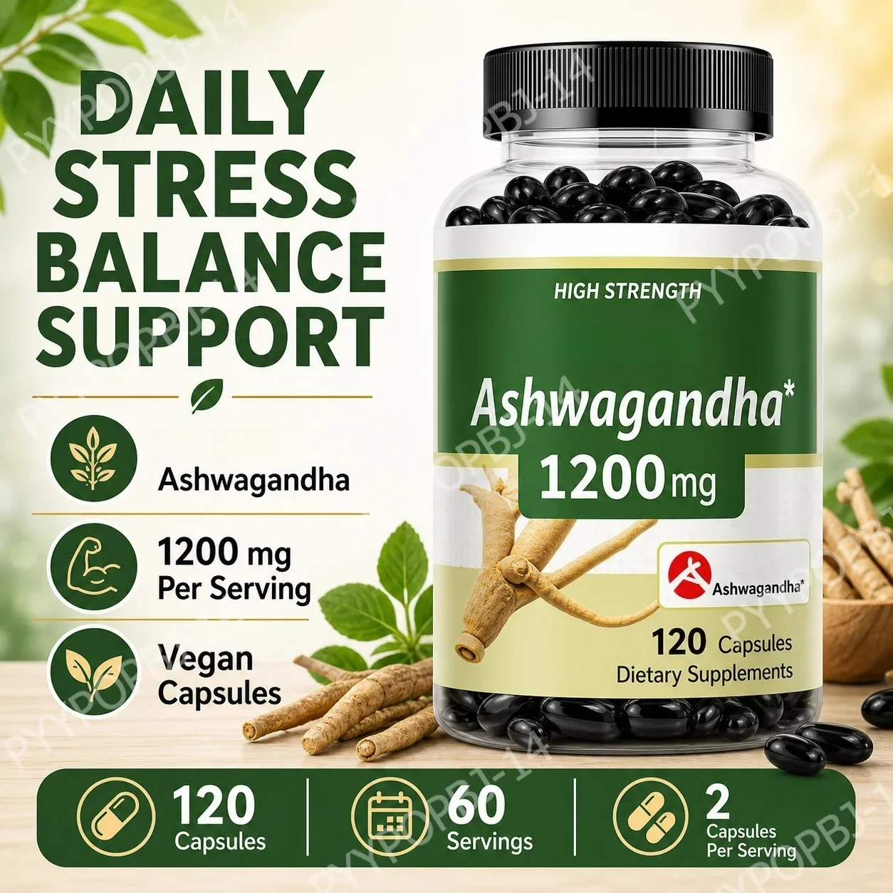 Ashwagandha 1200mg Capsules for Support Cognitive Health 120 Capsules 60 Servings Vegan Non-GMO Gluten Free Caffeine Free