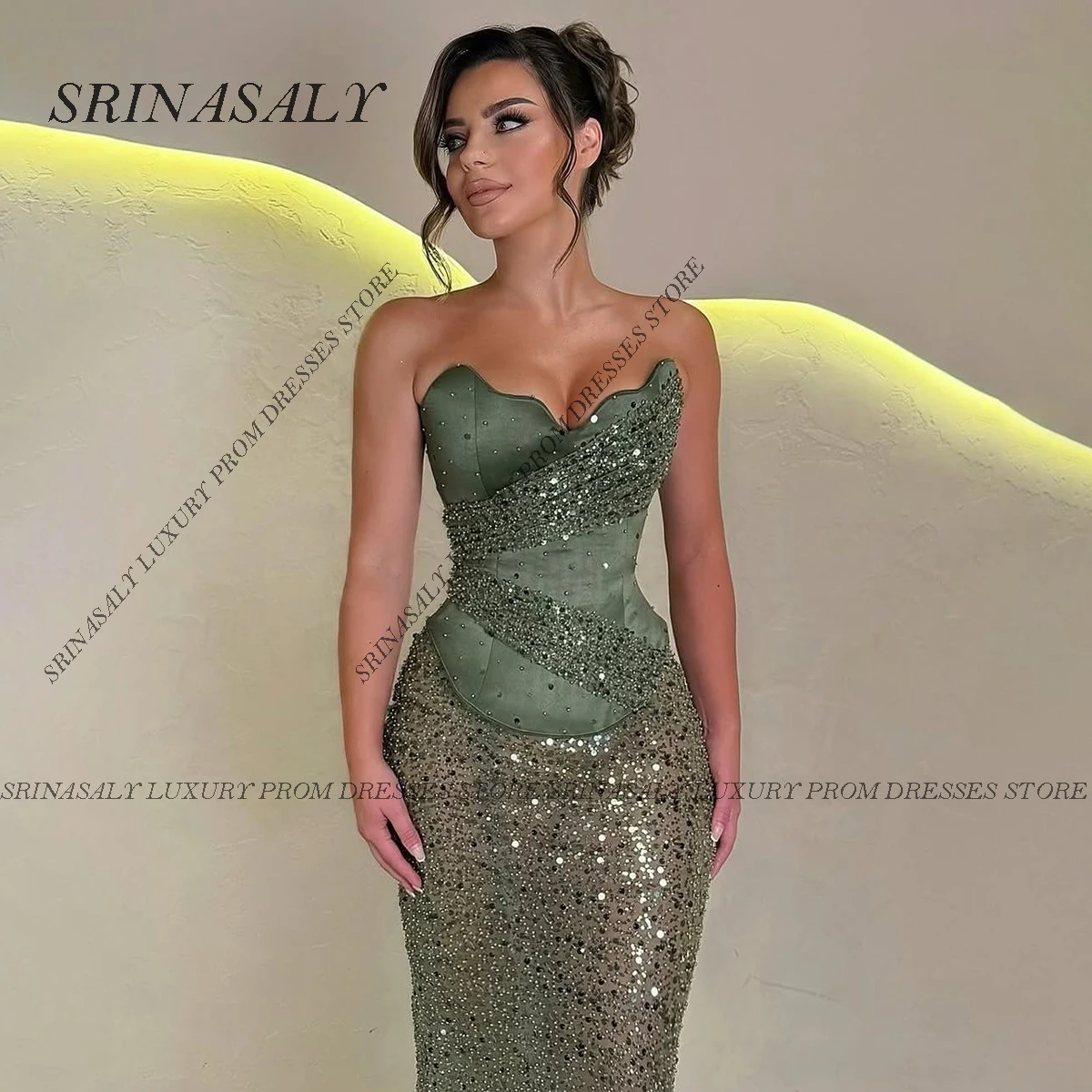 カスタムメイドのビーズ刺繍入りロングマーメイドプロムドレス、スパンコールスリーブレスクリスタルビーズ刺繍入りイブニングガウンローブ2025フォーマルガラドレス