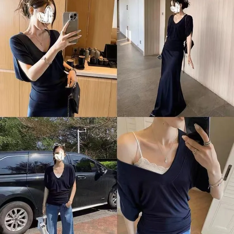 Luie stijl Los T-shirt met V-hals en korte mouwen Damesbasislaag Vleermuismouwen Cover-up + Kanten achterkant Tweedelige topset voor dames