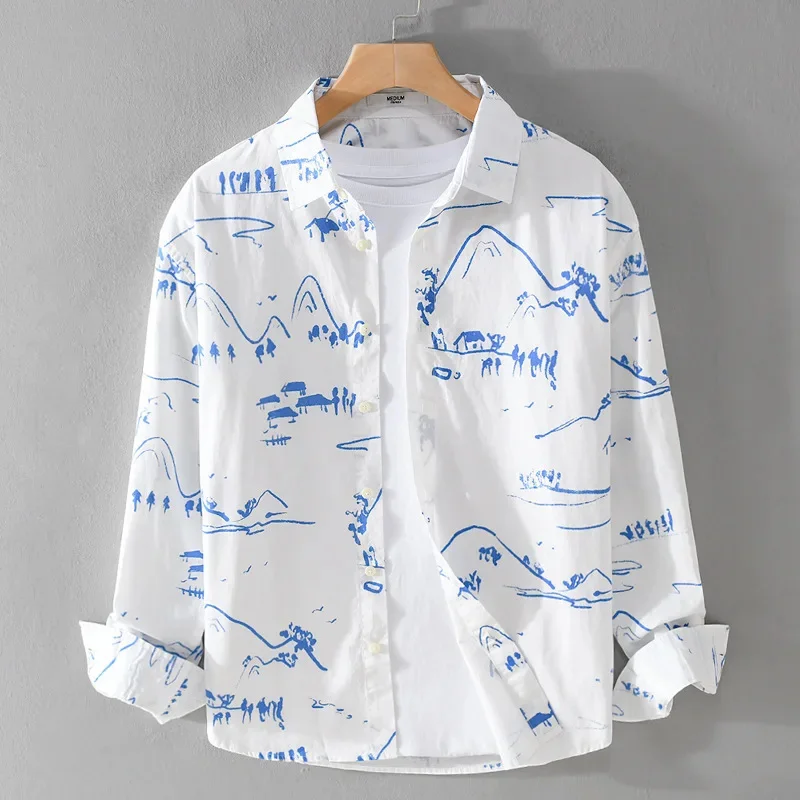 2025 Spring and Autumn Men's Printed Retro Simple Long Sleeve Shirt Trendy Casual Loose Popular All-match Youth