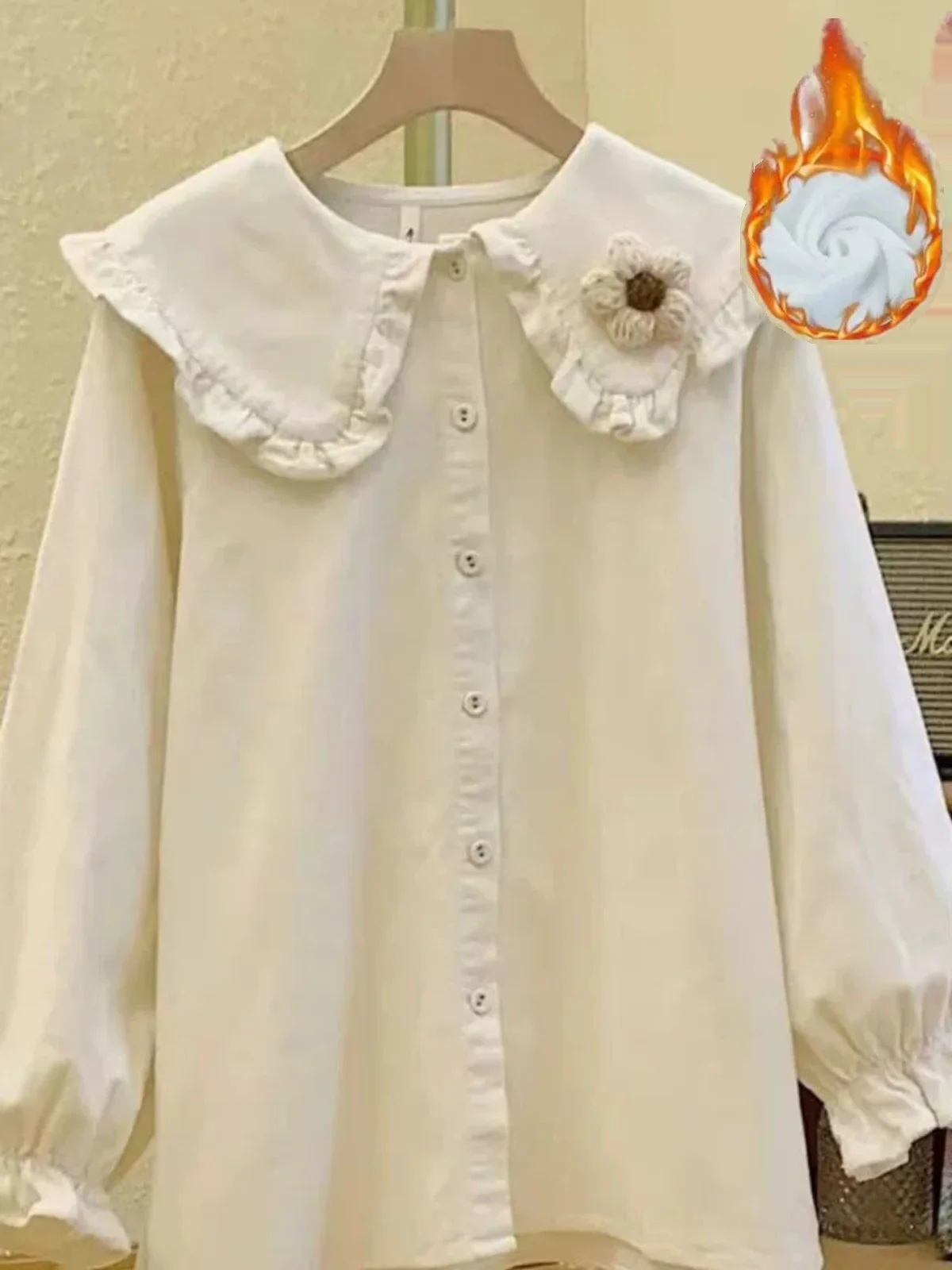 

Fce Lined Thi Corduroy Doll Collar irt Women's Autumn Winter New Ele Design Top Quali Polyester Fiber