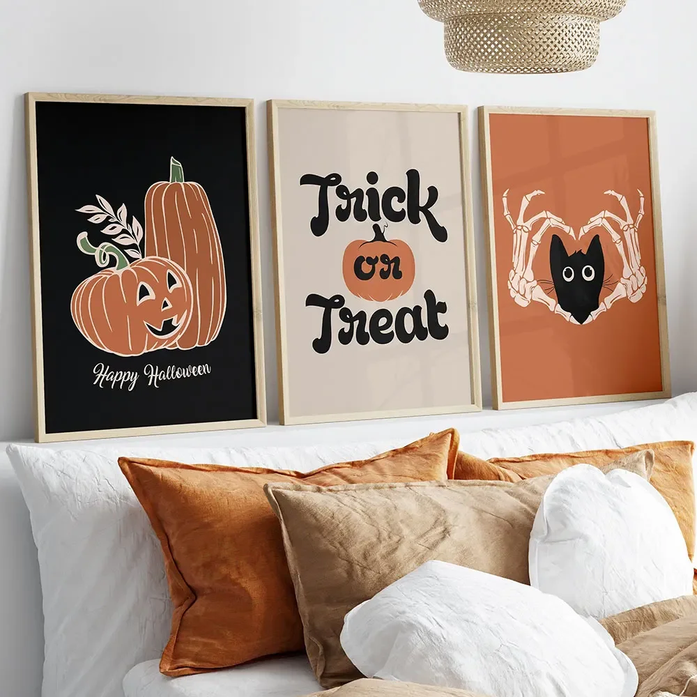 Cute Rascal Canvas Prints Ghost Cats Jack-o-lanterns Halloween Wall Art Posters for Modern Living Room Kitchen Autumn Home Decor