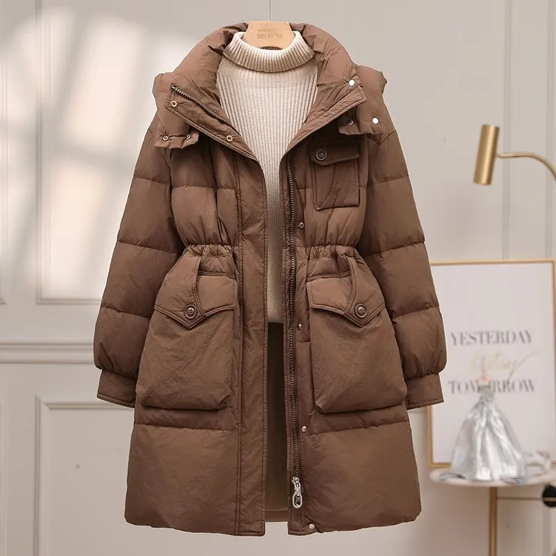 White goose Down Jacket Women's Medium length 2025 New Winter Thicken Slim Hooded Fashion Coats Female Warm Parka Overcoat