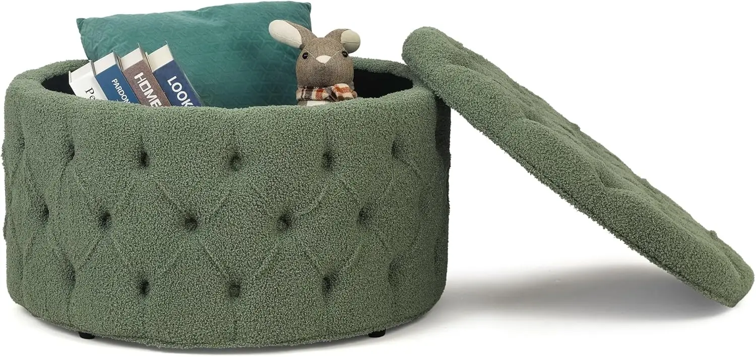 28 Inch Faux Fur Round Storage Ottoman, Button Tufted Footrest Stool Bench Coffee Table for Living Room,Green