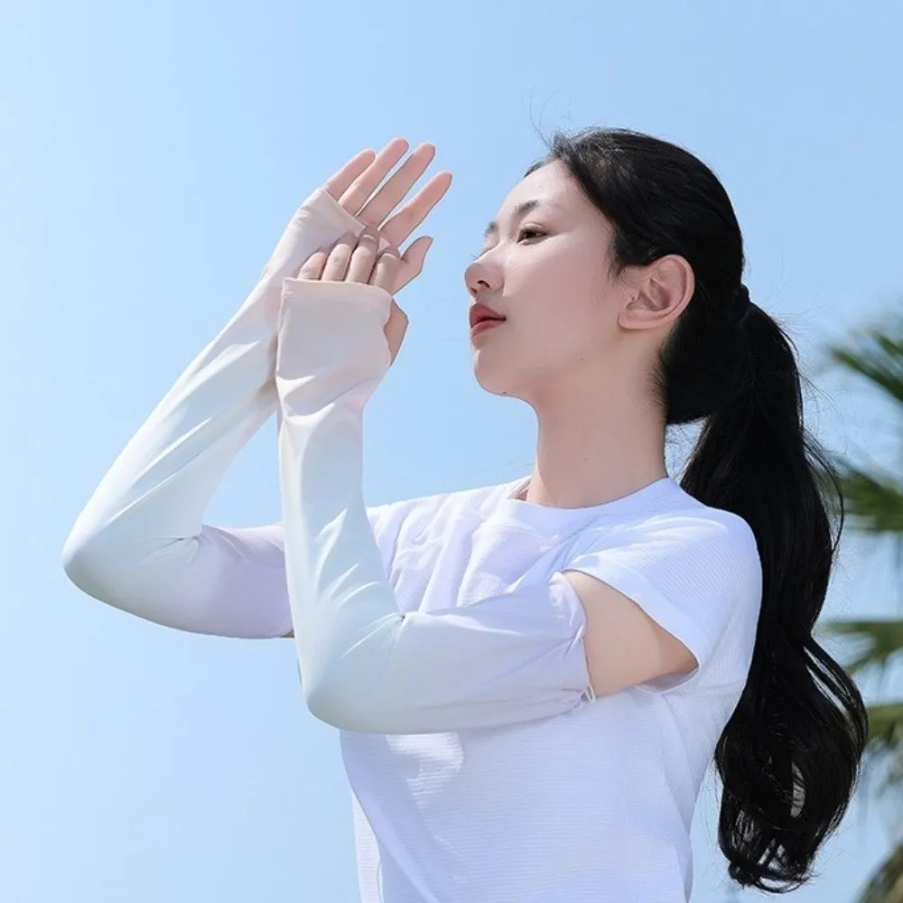 Cute Pulling Rope Ice Silk Arm Sleeves Flared UV Protection Sunscreen Arm Sleeves Gradient Color Thin Cycling Arm Cover Summer