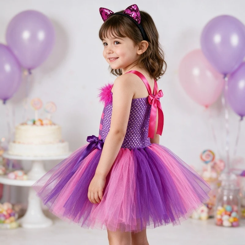 Niedliches Rosa Katzen-Tutu-Kleid Halloween-Katzenkostüm-Set 2-12 Jahre Geburtstag Karneval Purim Party-Outfit Feiertagsgeschenk