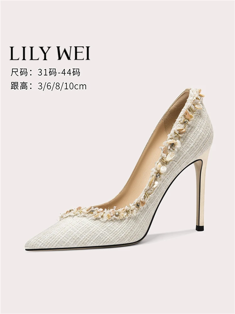 

Spring new shallow cloth leather stitching low-heeled beaded shoes thin high-heeled banquet large size small size women's shoes