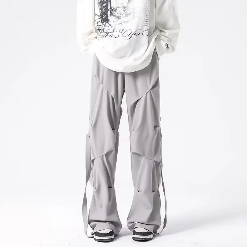 Y2K Casual Women Wide Leg Elastic Waist Pants 2024 Autumn Korean Streetwear Oversized High Waist Joggers Grey Pleated Trousers