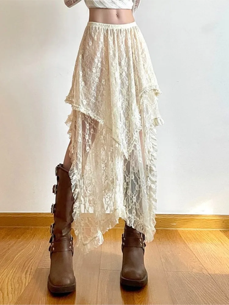 Neue Transparente Spitze Asymmetrische Röcke Frauen Vintage Y2K Boho Mode Hohe Taille Midi Röcke Sommer Damen Urlaub Rock