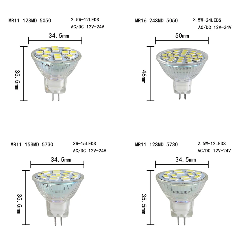 10 PcsMR 11 Ledガラススポットライトバルブ2.5 w低Smd 5730 3 w照明ランプ12 leds  15 leds  24 leds  30 leds SMD調光可能Dc 12 v-24 vは使用不可