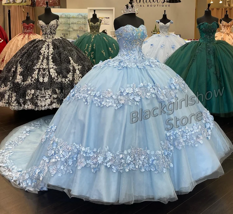 فستان مزين بالزهور لـ Quinceanera ، قطار مصلى 15 ، أزرق سماوي ، غمد ضيق ، فستان حفلة موسيقية ، خيال ،