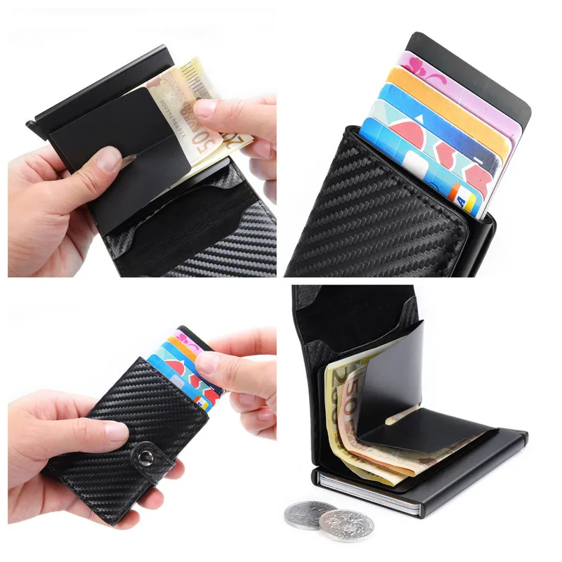 Porta-cartão de crédito de fibra de carbono masculino, metal inteligente RFID fino, fino, fino, pop up, carteira minimalista bolsa preta pequena, valete de metal