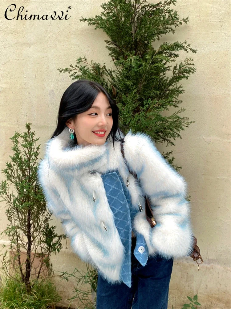 

Fashion Commuter Style Long Sleeve Women's Faux Fur Coat 2023 Autumn Winter New Denim Stitching Furry Coat Warm Faux Fur Coat