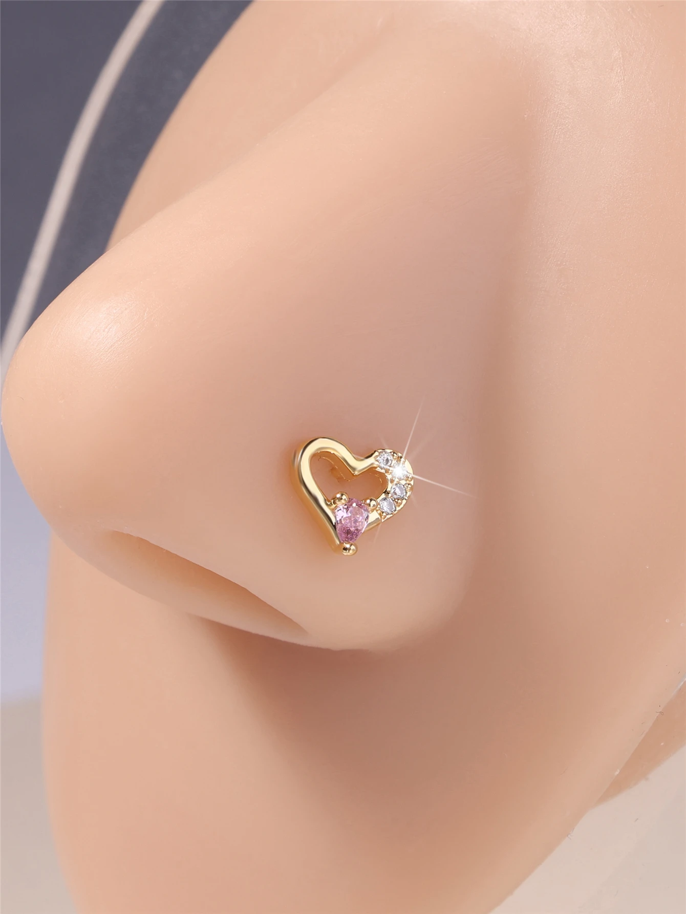 20G L Shaped Nose Studs Rings Cute Pink Heart CZ Shiny Love Stone Gold Silver Color Nose Piercing for Women Girl Nostril Jewelry