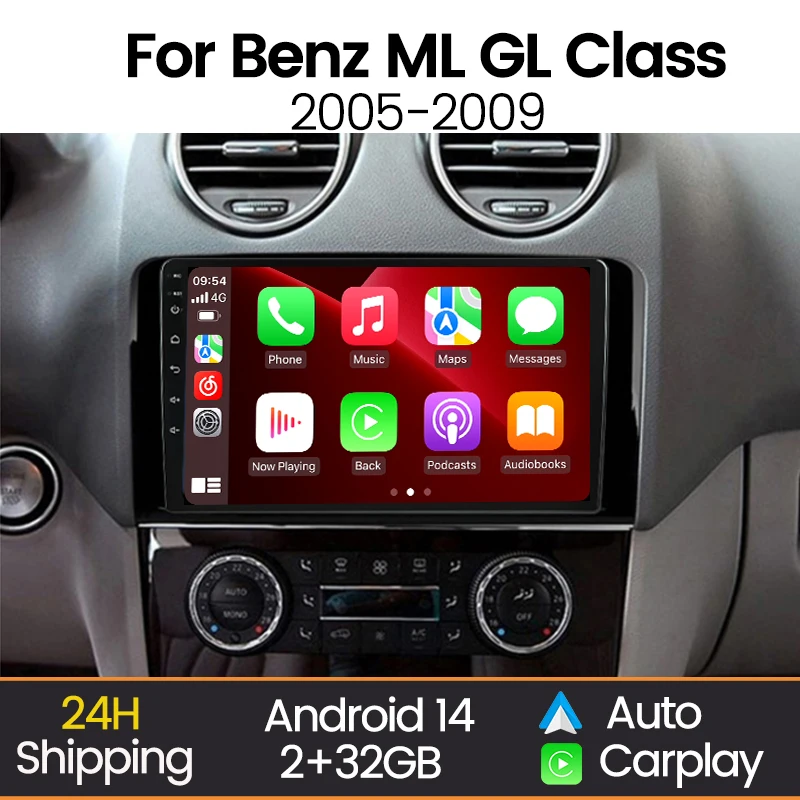 Android 14 Wireless CarPlay For Mercedes-Benz ML-Class GL-Class W164 2005-2009 Car Radio Multimedia Stereo Player GPS WIFI ADAS