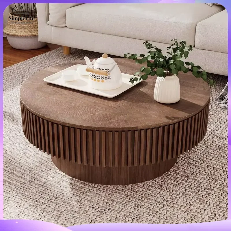 Round Coffee Table with Storage Shelf Walnut Finish Solid Wood Veneer Living Room Small Space Compact Modern Minimalist