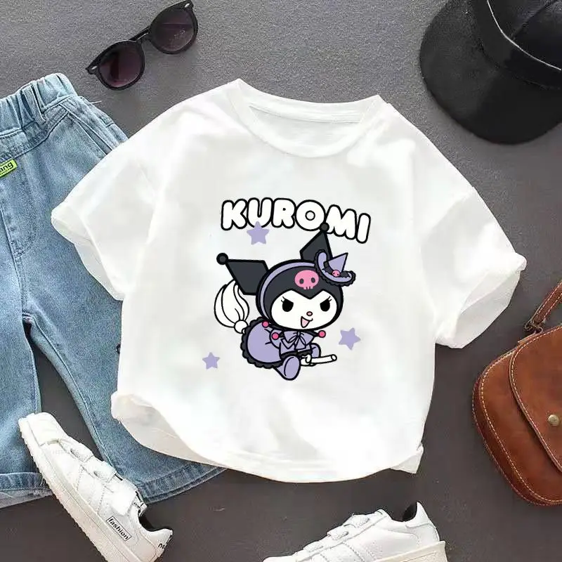 Sanrioed-Camiseta de manga corta de algodón Cinnamoroll para niños y niñas, Kuromi bonita camiseta de dibujos animados, Tops de verano, ropa para niños, regalo absorbente de sudor