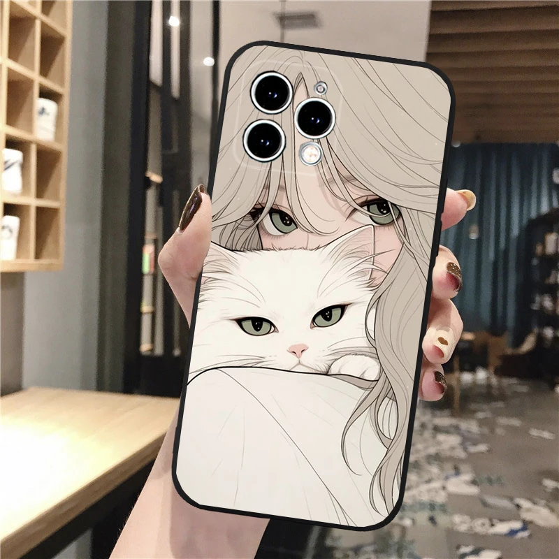 Anime Girl Woman Holding a Cat Phone Case For iphone 16 15 14 Pro Max 16 15 14 13 12 Pro 15Plus iphone 11