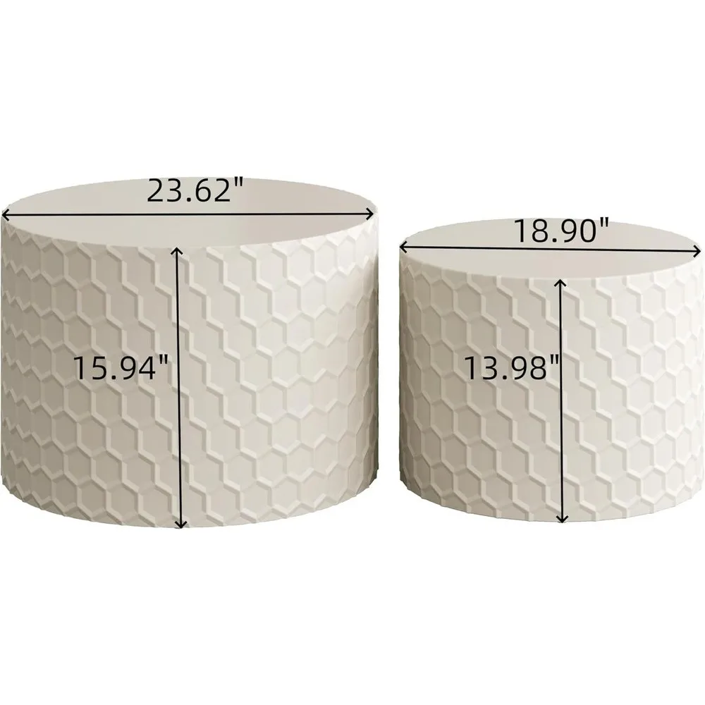 Modern Nesting Coffee Table Set of 2, Minimalist Wood Round Drum End Tables
