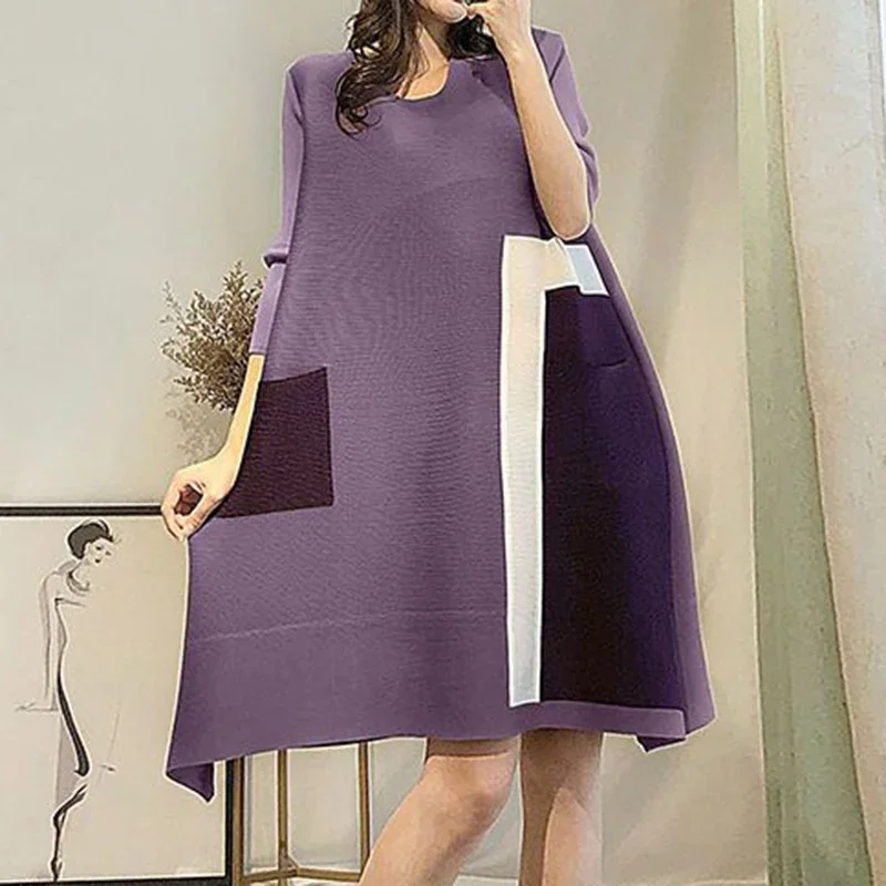 Pleated Color Blocking Dress 2025 New Casual Loose Skinny Fashion Dress Women  Polyester  A-LINE  Mid-Calf O-Neck