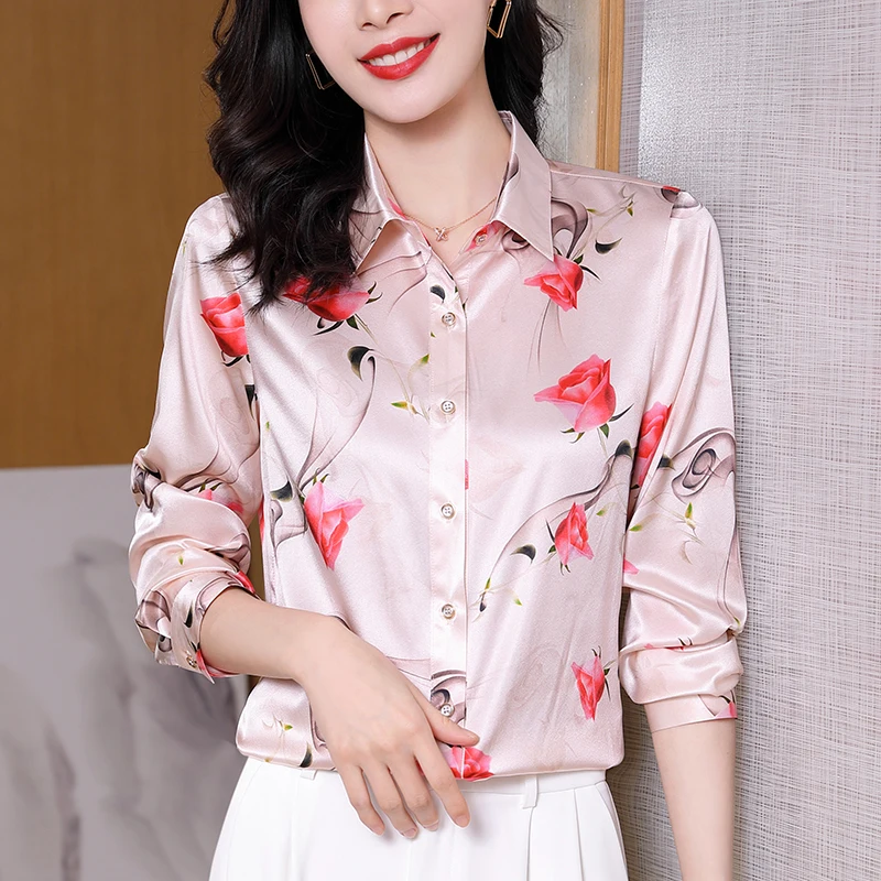 

Real Silk Women's Shirt Spring Autumn Elegant Turn-down Collar Women Floral Shirts Blouses Long Sleeve Woman Casual Blouse Tops