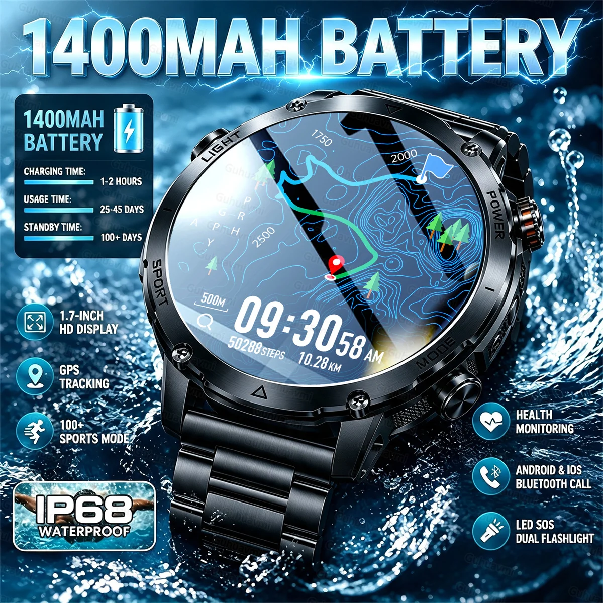 Military Grade Sapphire Smart Watch HeartRate SO2 BT5.3 Call Custom dial Smartwatch for Men Breathable Band Sports watch 1400mAh