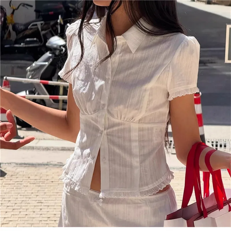 

Французский балетный белый комплект из двух предметов: летний костюм для девочек с коротким рукавом, рюшами, короткой рубашкой и супермини-юбкой, сексуальный комплект из двух частей