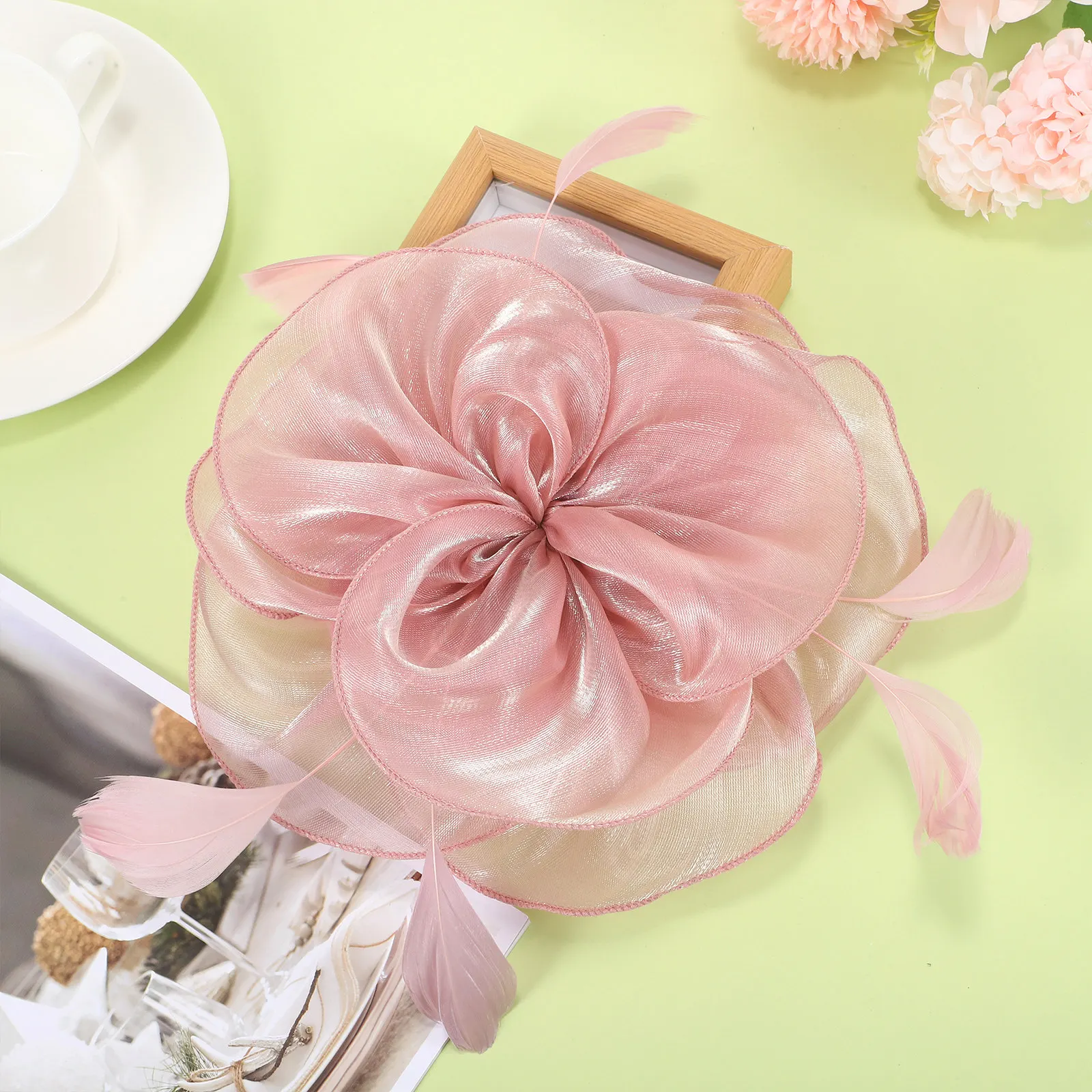 

Pink Flower Fascinator Headband Tea Party Hat Bridal Hair Accessories Wedding Headpiece Elegant Women Headdress