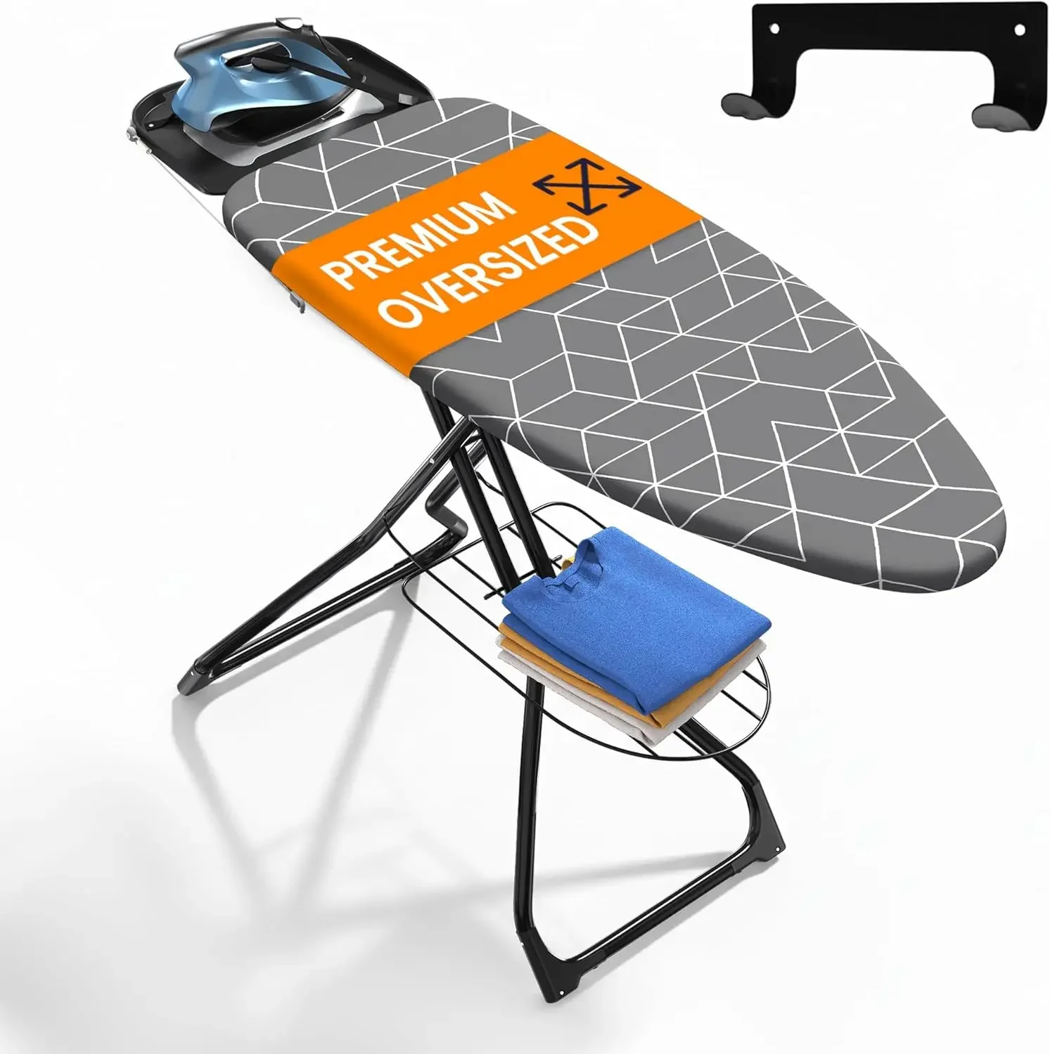 

Extra Wide Ironing Board 60" X 20" with Wheels & Wall Mount Hanger | Full Metal Iron Board | Built in Iron Caddy | Heat & Scorch