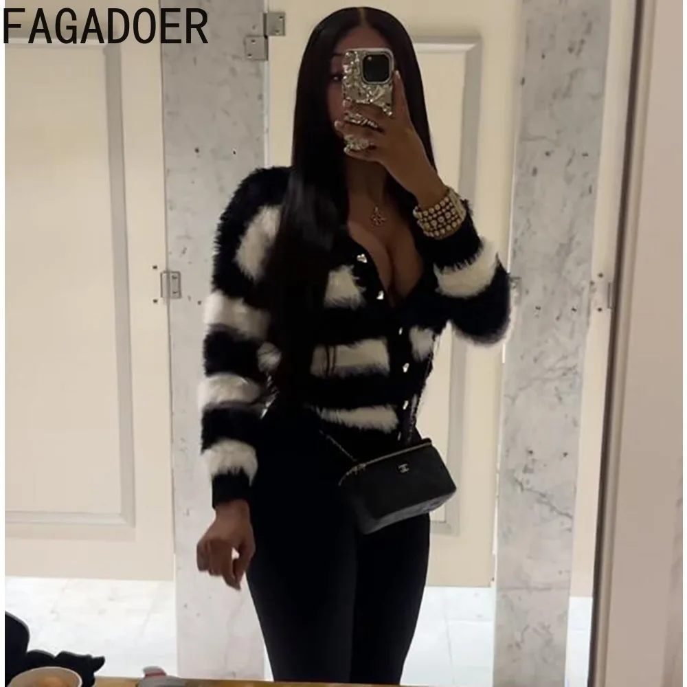 FAGADOER Black White Stripe Printing Casual Knitting Tops Women V Neck Button Long Sleeve Cardigan Spring New Slim Streetwear