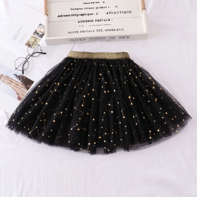 2023 Summer Girls Stars Sequin Mesh Tutu Skirt Fairy Print Puffy Cake Skirts School Girl Pleated Princess Skirt