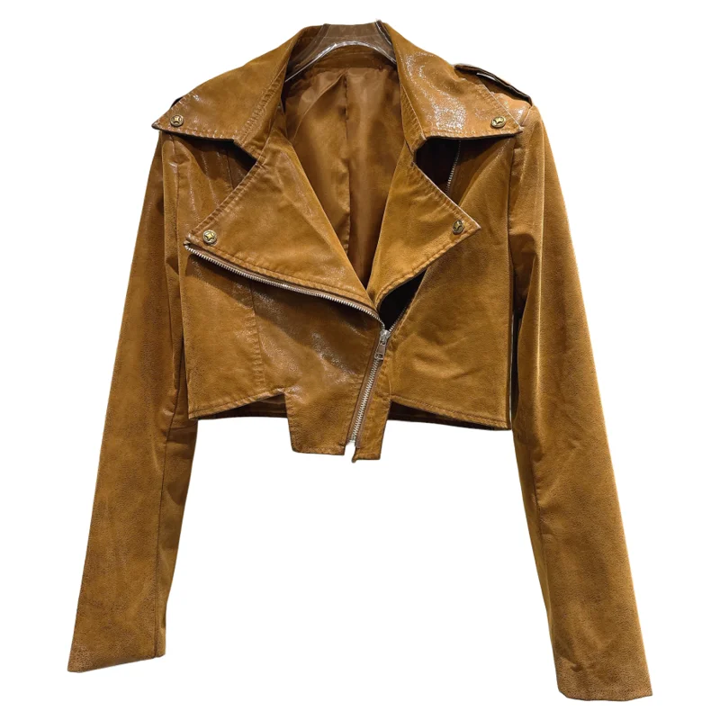 Or PU cuir Jaet femmes motard Sle fermeture éclair asymétrique Chic mat vêtements d'extérieur haut pour l'automne 2025 Faion tendance
