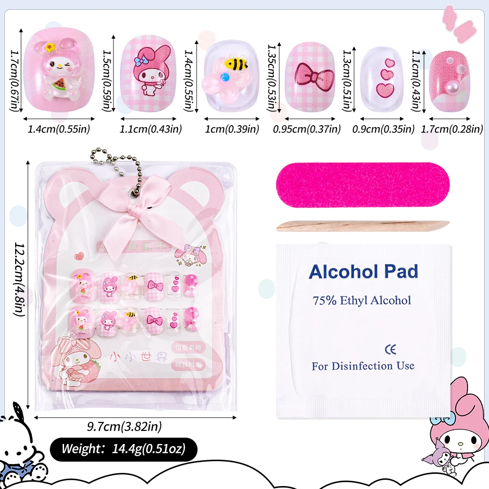 12pc MINISO HelloKitty Press on False Nail Accessories Y2K Kawaii Cartoon Design Fake Nails Short Detachable Manicure Girls Gift