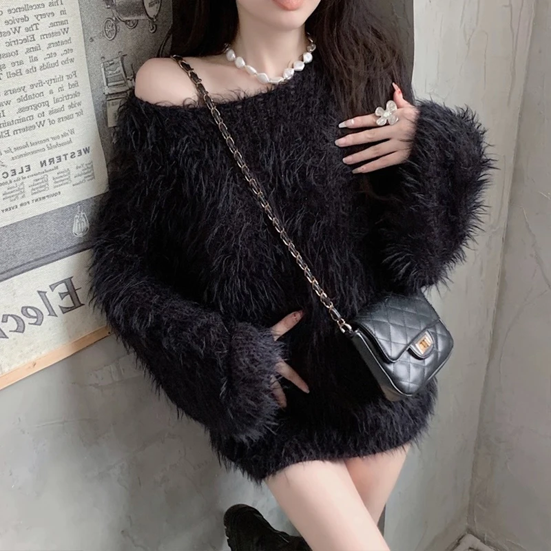 Elegant Women Fluffy Short Dress Autumn Winter Warm Lantern Long Sleeve Sweater Dresses Imitation Mink Velvet Long Sweaters