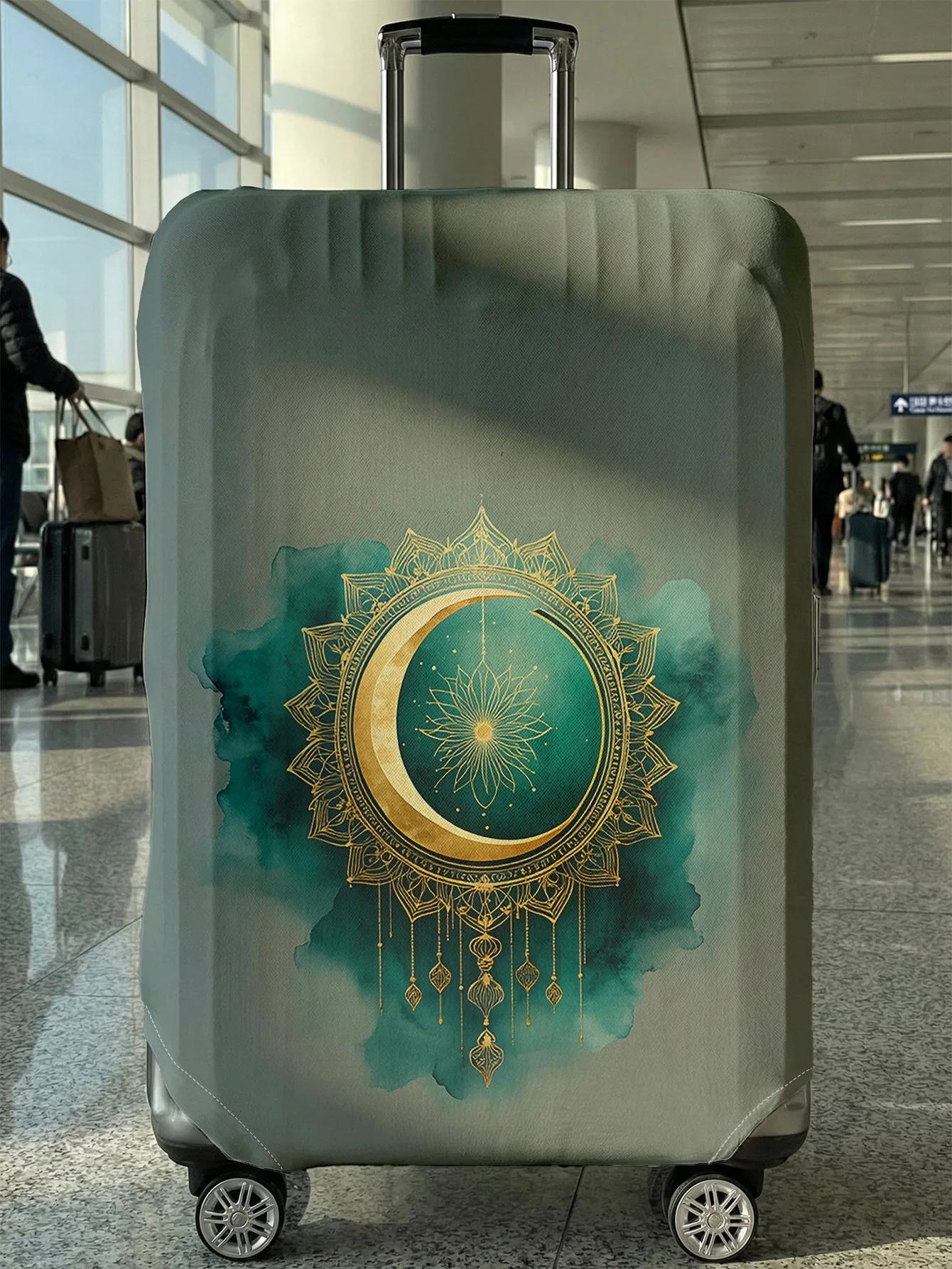 

Dark Green Gold Mandala Moon Print Luggage Cover, Suitable for 18-32 Inch Luggage Cover, Luggage Handle Glove, Travel Accessorie