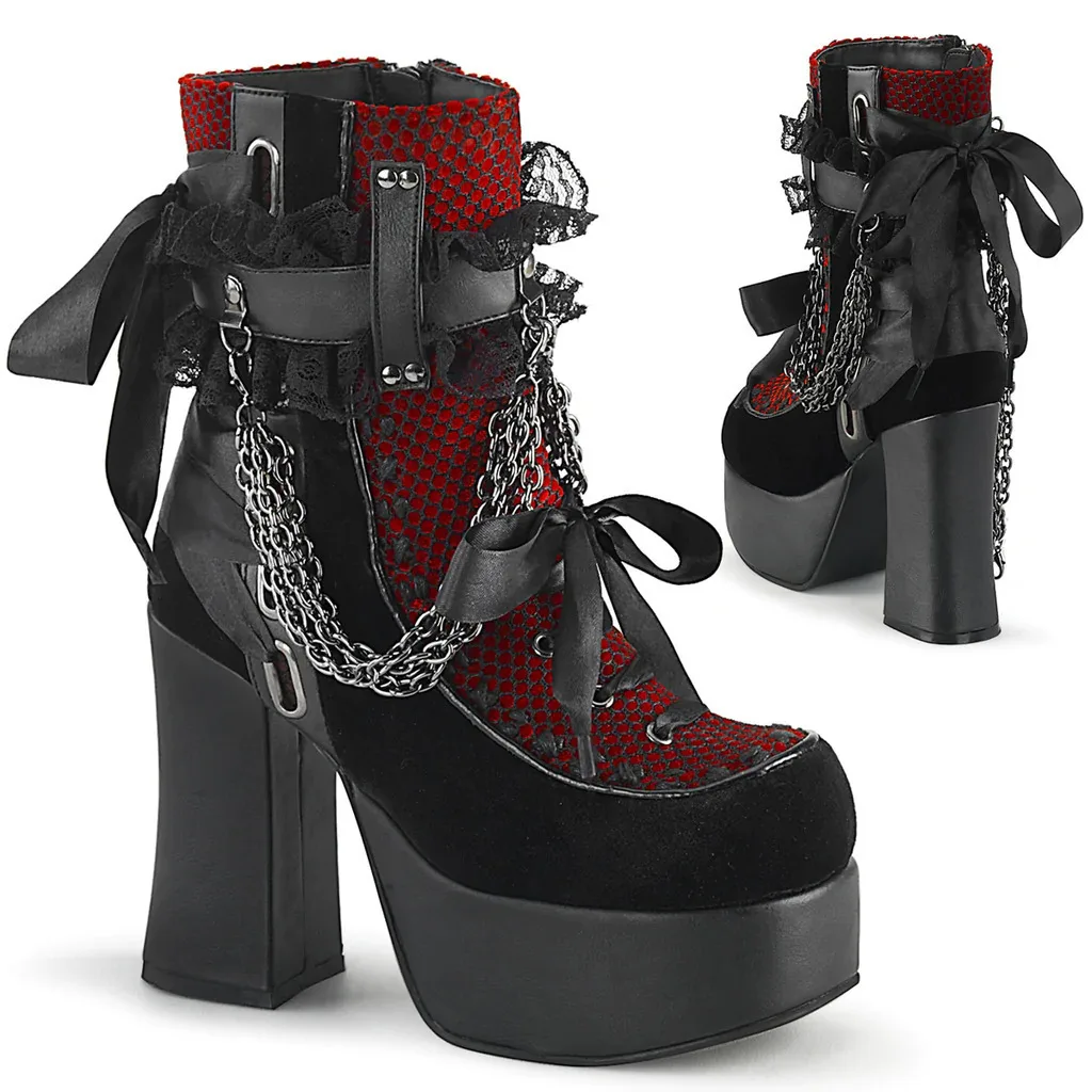 Gothic Ketten-Spitzen-Schleifen-Plateau-Stiefeletten Retro Runde Zehenpartie Quadratischer Absatz Klobige Plateau-Kurzstiefelette Damen Punk Party Schuhe – Detail 11
